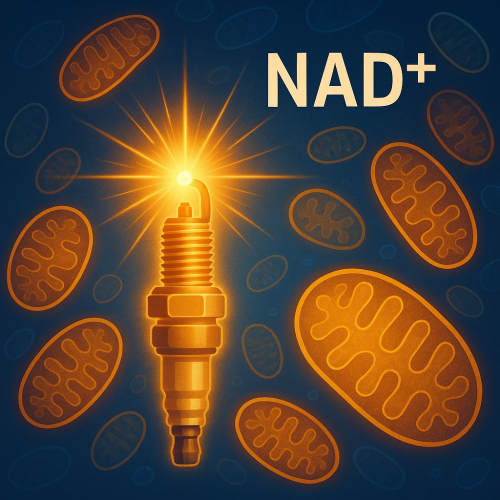 Glowing spark plug over mitochondria symbolizing NAD⁺ igniting cellular energy